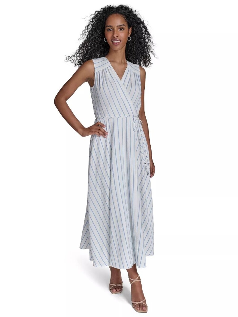 Calvin Klein Women's Striped V-Neck Midi Dress Blue Multi